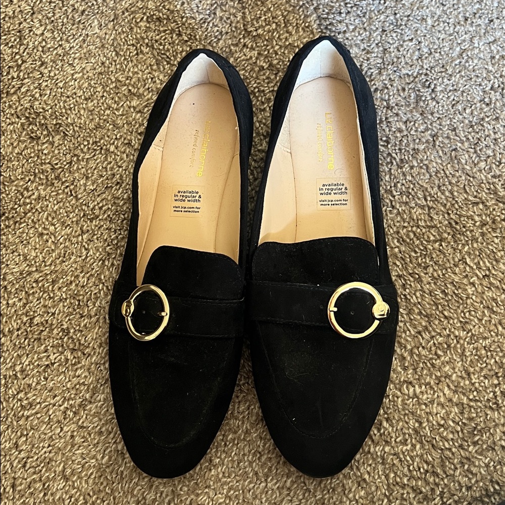 Liz Claiborne Black Loafers with Gold Buckle
